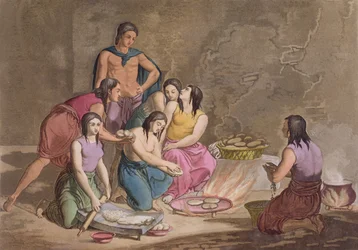 Azteekse vrouwen maken maïsbrood, Mexico, uit 